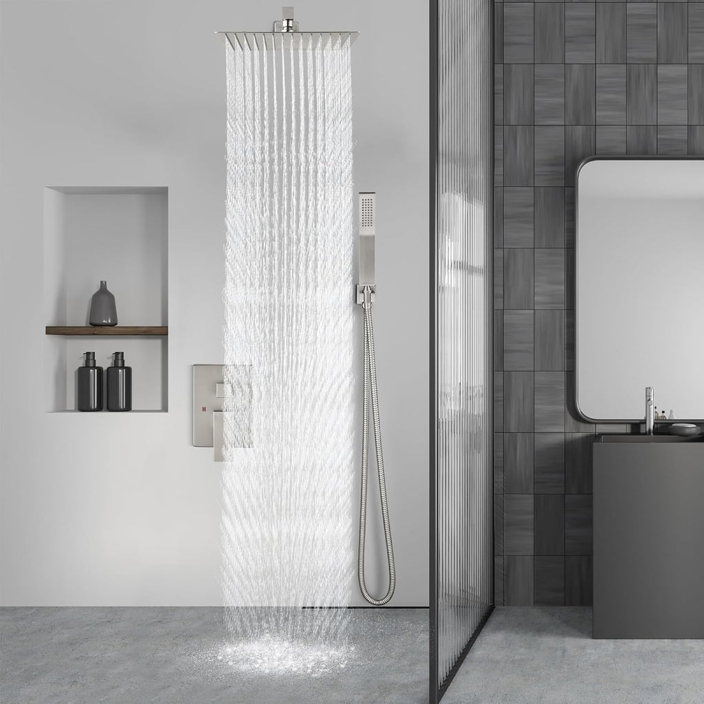 Aolemi Shower Faucet Set Rain Shower System with Handheld Spray Bathroom Shower Combo Rough-in Valve and Shower Trim Kit Included Brushed Nickel 10 Inch Wall Mount Shower Head