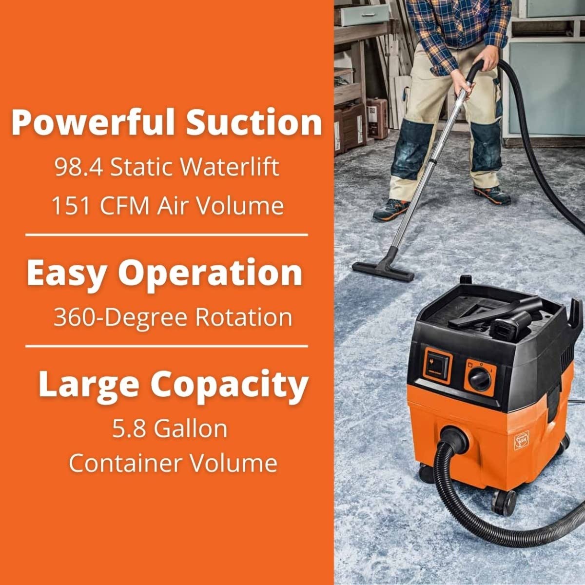 Fein Turbo I Wet/Dry Dust Extractor, Ultra-Quiet Vacuum - 5.8-Gallon Capacity, 151 CFM Suction, Anti-Static System, 13 ft Hose, 19 ft Cord, Includes Hose and Filter - 92035236090