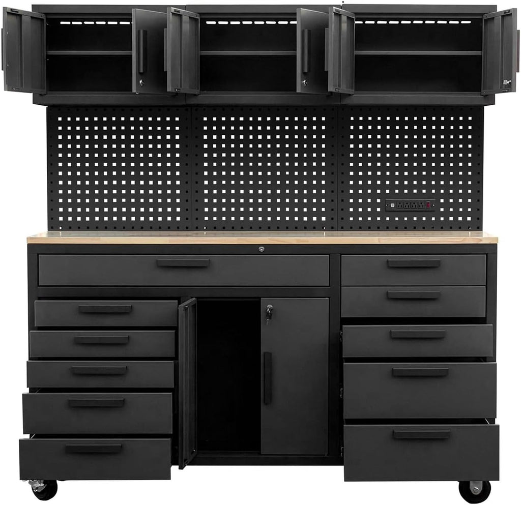 BIG RED 72in Rolling Tool Chest Cabinet Mobile Garage Workbench Heavy-Duty Tool Cabinet on Wheels with 11 Drawers, Pegboard & Power Strip for Tool Organization