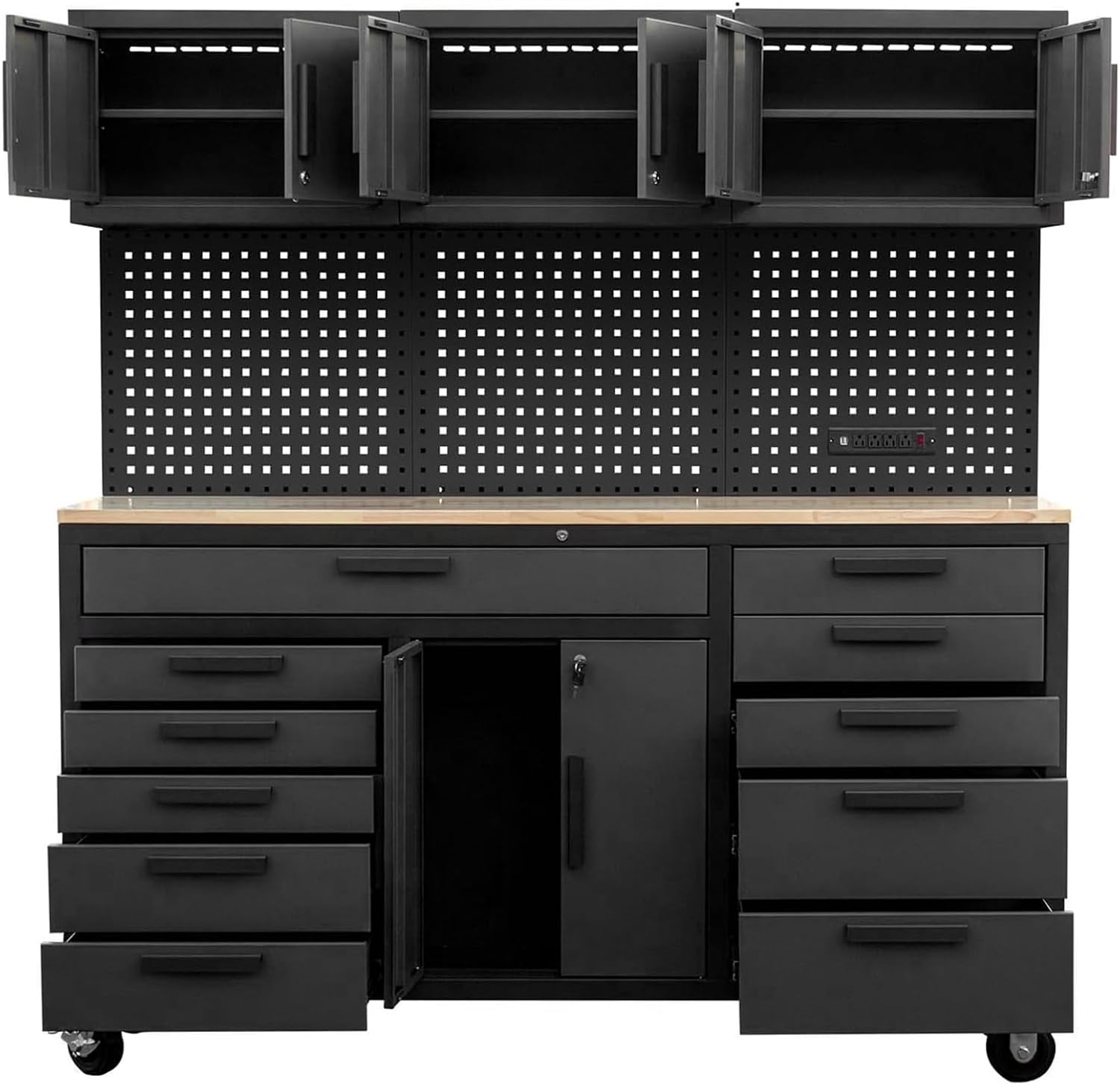 BIG RED 72in Rolling Tool Chest Cabinet Mobile Garage Workbench Heavy-Duty Tool Cabinet on Wheels with 11 Drawers, Pegboard & Power Strip for Tool Organization