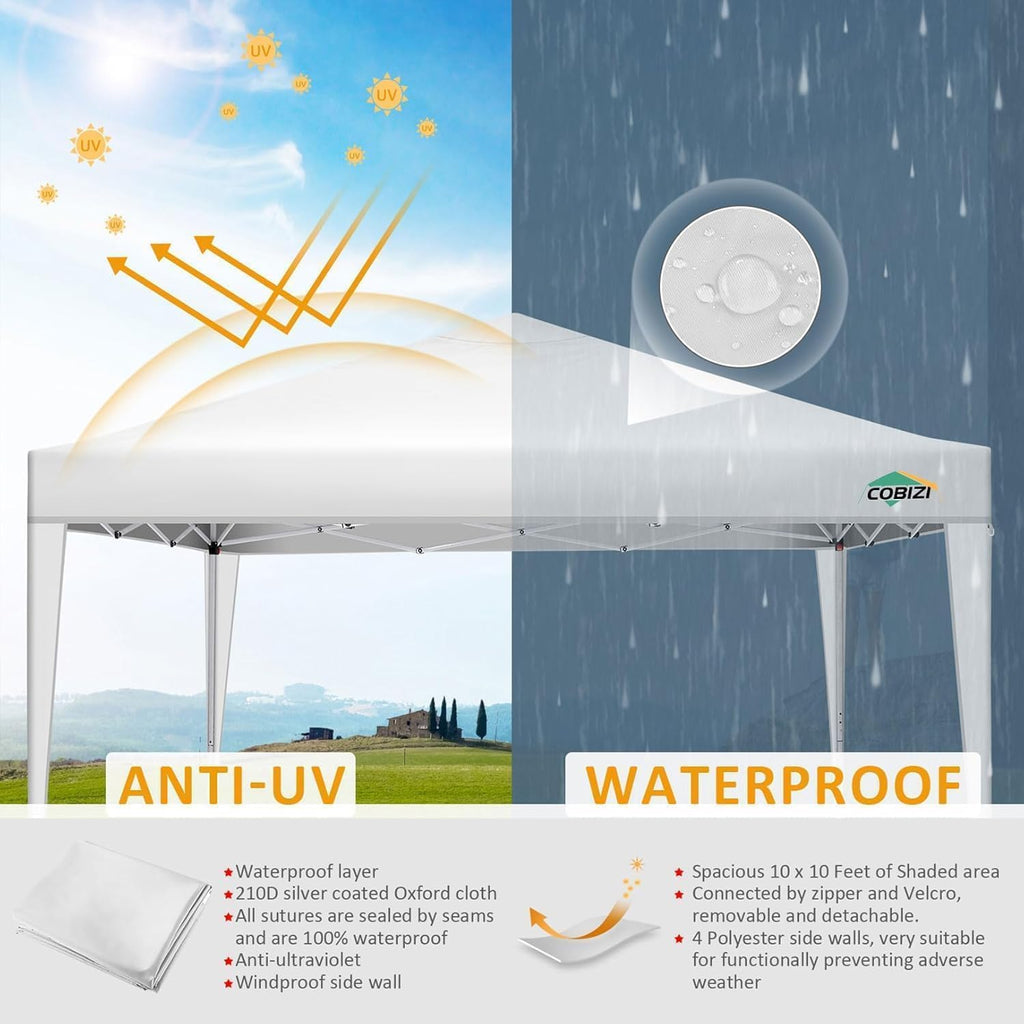 COBIZI 10x10 Pop Up Canopy Tent with 4 Sidewalls Party Tents Waterproof UPF 50+ Commercial Instant Outdoor Events Tent for Parties Markets Backyard, Ropes（10 x 10 ft White
