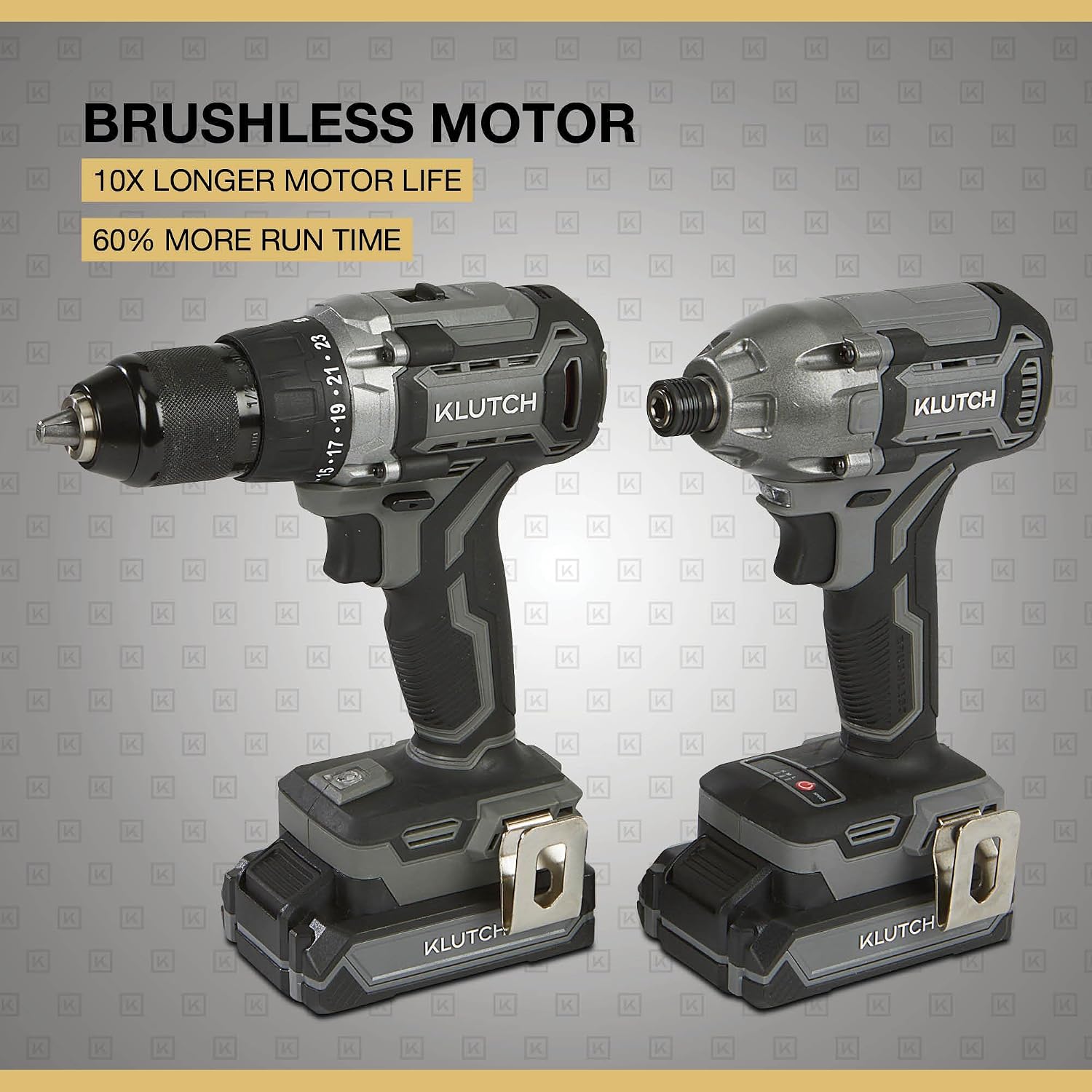 Klutch Drill/Driver and Impact Driver Kit, KLiQ 20 Volt Brushless, 1/2in. and 1/4in.