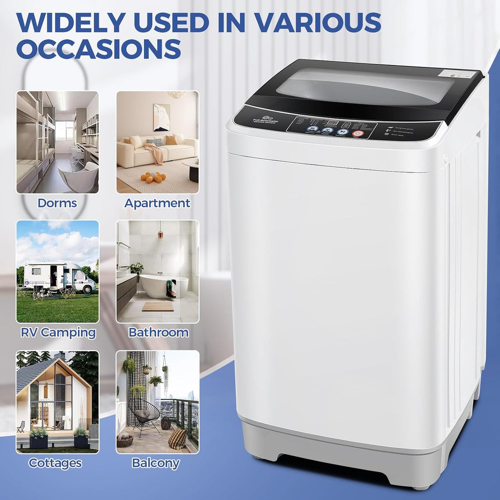 Nictemaw Portable Washing Machine, 20Lbs Capacity Full-Automatic Portable Washer with Drain Pump, 2.8Cu.ft Washer and Dryer Combo with 10 Programs & 8 Water Levels for Apartment, Dorms, RV- Glass Lid