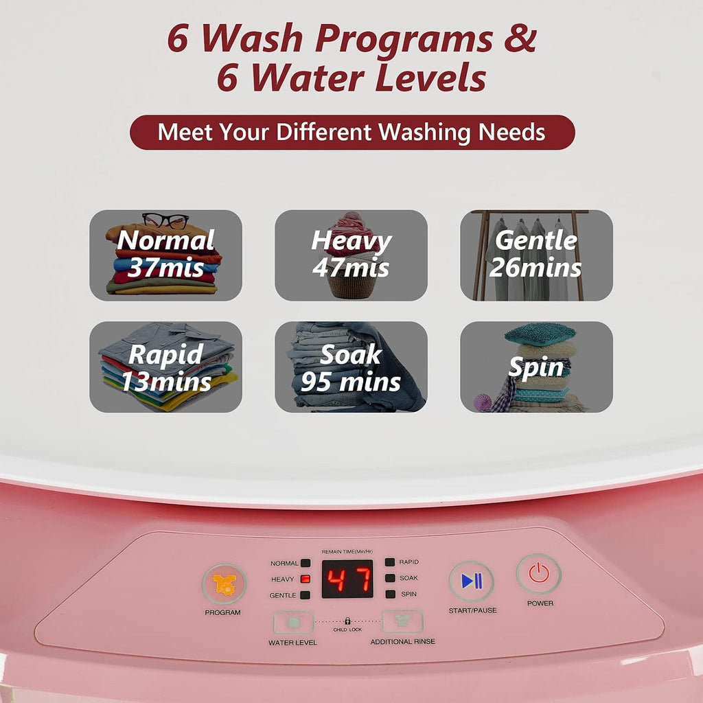 Giantex Portable Washing Machine, Full Automatic Washer and Spinner Combo 8lbs, 1.0 cu.ft 6 Programs 6 Water Levels Built-in Drain Pump, Top Load 2 in 1 Laundry Washer Apartment Dorm (Pink & White)