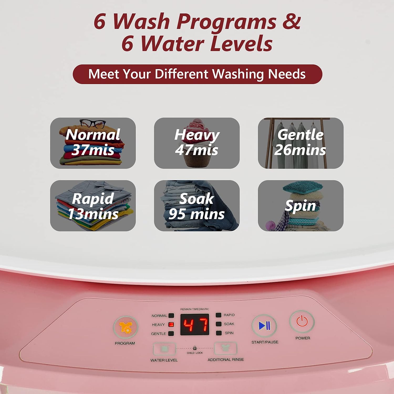 Giantex Portable Washing Machine, Full Automatic Washer and Spinner Combo 8lbs, 1.0 cu.ft 6 Programs 6 Water Levels Built-in Drain Pump, Top Load 2 in 1 Laundry Washer Apartment Dorm (Pink & White)