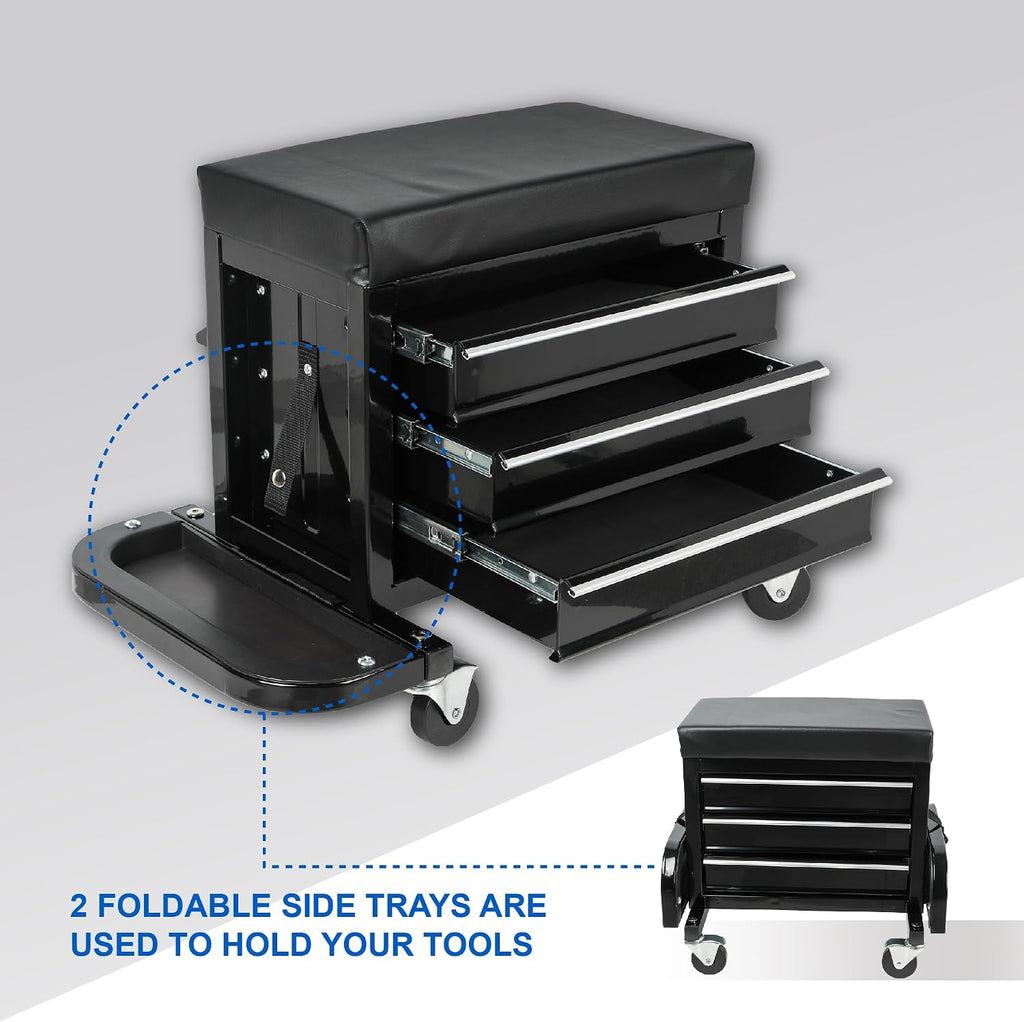 3-Drawer Tool Chest Rolling Mechanic Seat with Tool Trays, Rolling Tool Chest for Mechanics - Heavy-Duty Steel Construction, Padded Seat, Storage Tank, 350lbs Max Weight Capacity