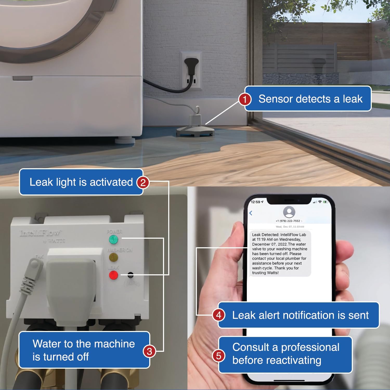 Watts A2C-SC Series Intelliflow 1/2' Washing Machine Smart Water Shutoff Valve with Leak Sensor, Inlet Adapters, Without Wall Box, Automated Flood Detection with Real-Time Text and E-Mail Alerts