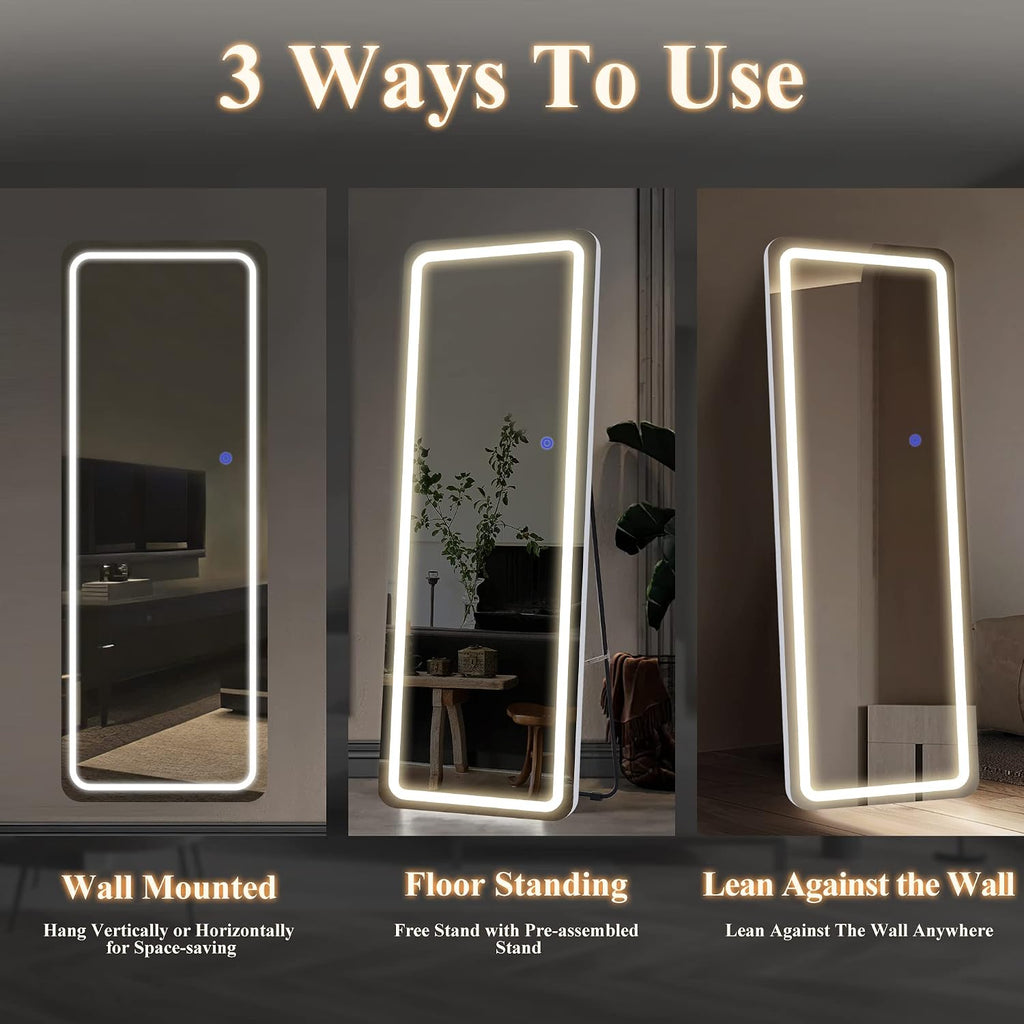 NeuType Full Length Mirror with Lights, 63'x16' Lighted Floor Mirror with Stand Full Body Mirror with Touch Button and Plug, Dimmable 3 Lighting for Bedroom Living Room, Round Corner, White