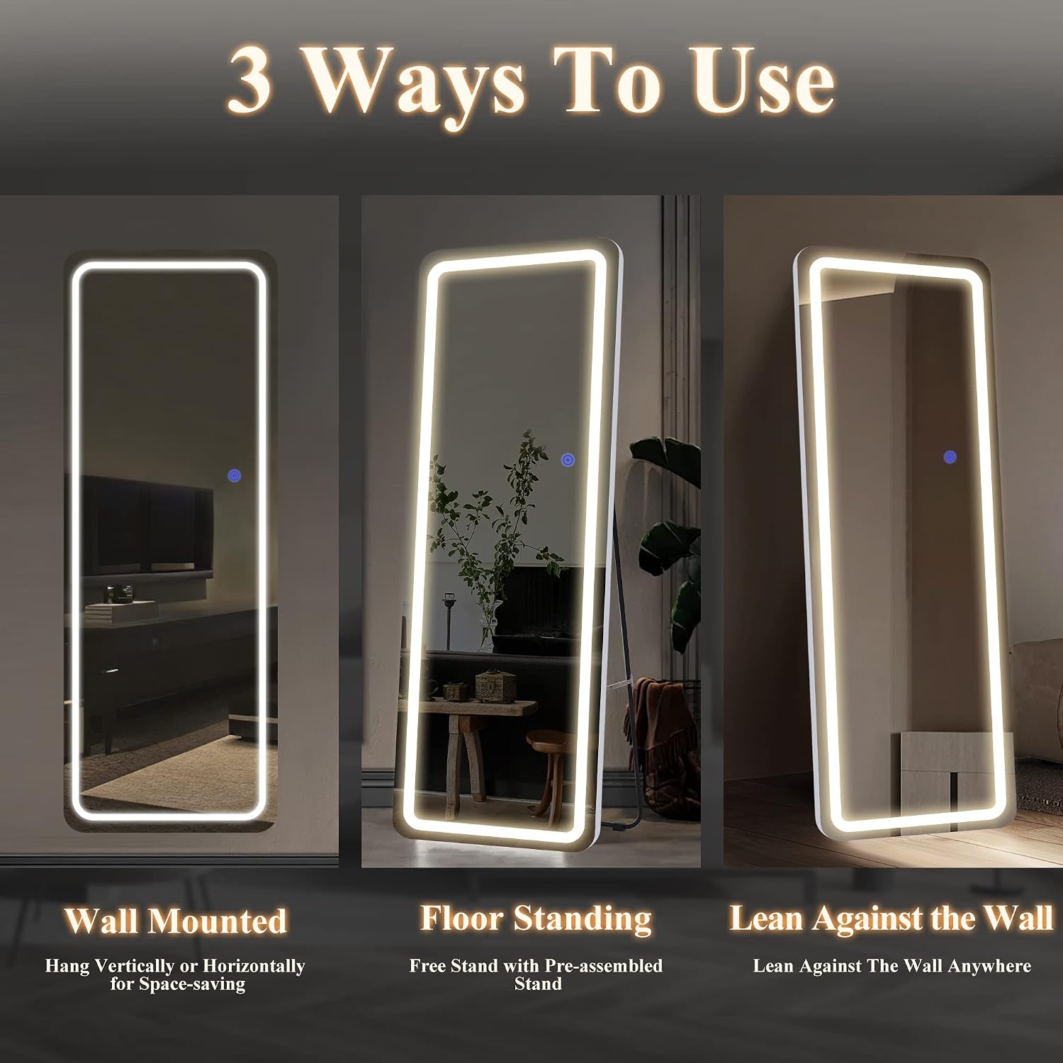 NeuType Full Length Mirror with Lights, 63'x16' Lighted Floor Mirror with Stand Full Body Mirror with Touch Button and Plug, Dimmable 3 Lighting for Bedroom Living Room, Round Corner, White