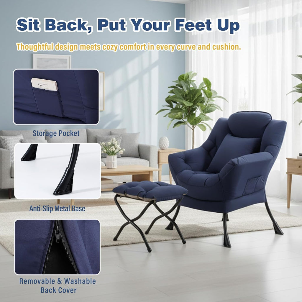 Lazy Chair with Ottoman, Large Accent Chair with Ottoman and a Throw Pillow, Navy Reading Chair for Living Room Bedroom Dorm Room Office Apartment Relaxing Use