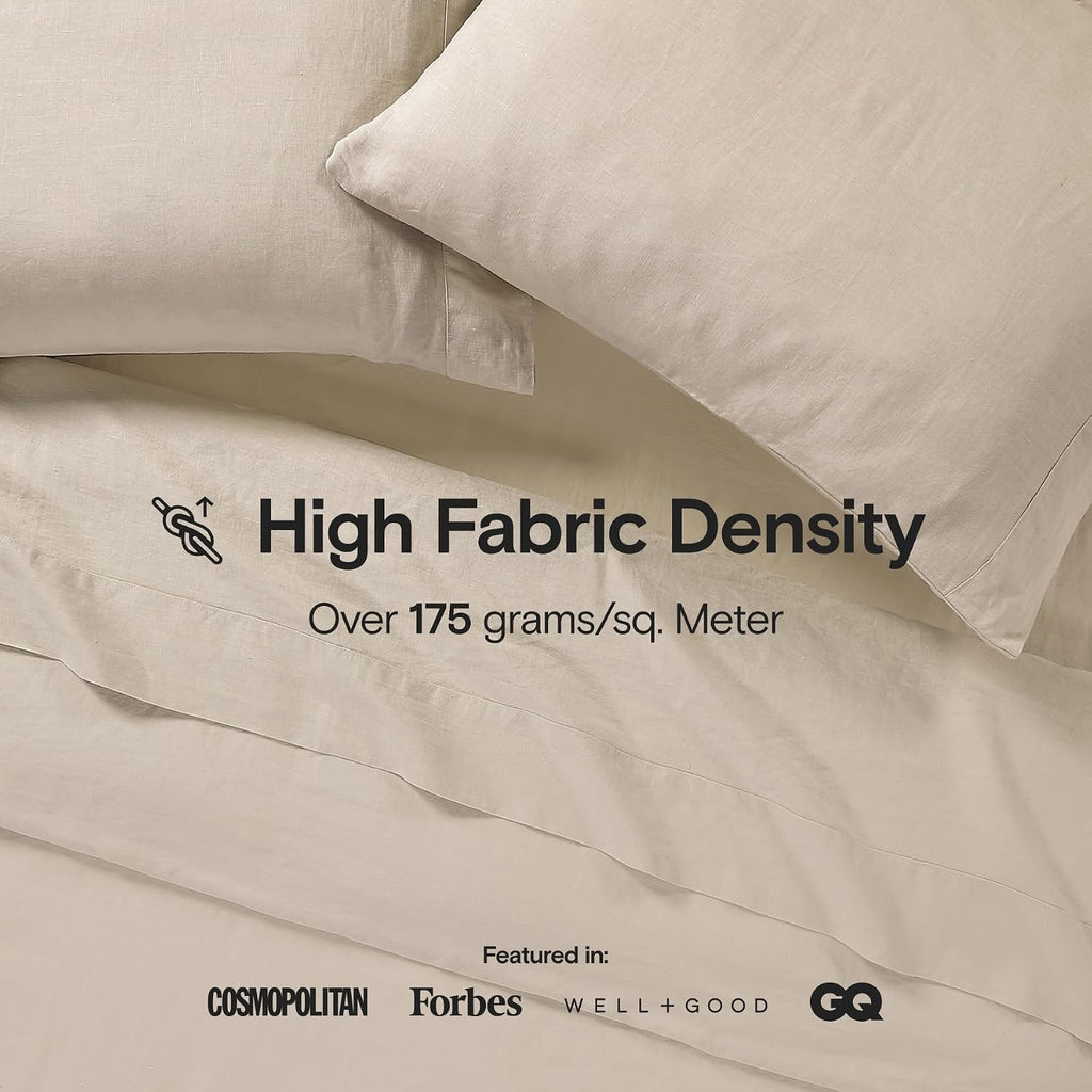 Sijo Stone Washed Organic French Linen Bed Sheet Set, GOTS Certified Organic, Best Cooling Linen Sheet Award by Sleep Foundation, 4 Piece - 2 Pillowcases, 1 Fitted and 1 Flat (Classic, Queen)