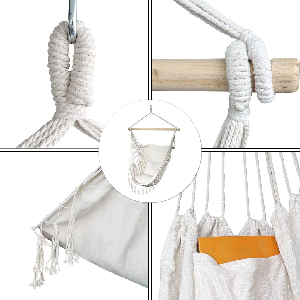 ZLX Hammock Chair Hanging Rope Swing with Hardware Kit and 2 Cushions, Handmade Macrame Hanging Chair for Bedroom Patio Yard Garden, Max 330 Lbs, Beige