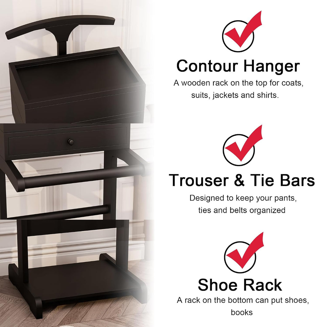 Mens Valet Stand with Drawer & Tray, Wooden Suit Valet Stand for Men Women Modern