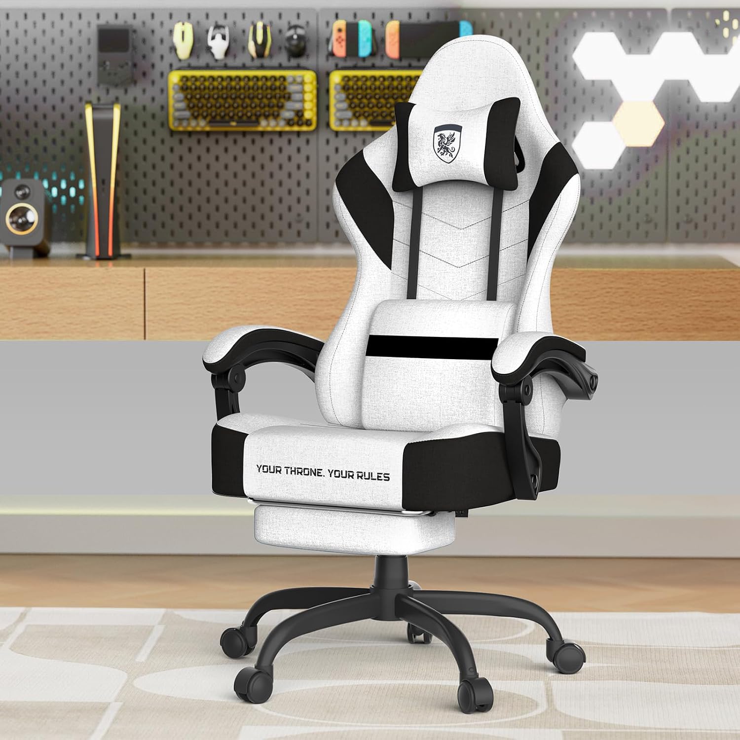 Soontrans Linen Fabric Ergonomic Gaming Chair with Pocket Spring Cushion, Computer Chair with Wide Seat 20',Gamer Chair with Adjustable Headrest, Comfortable Office Chair for Home & Gaming