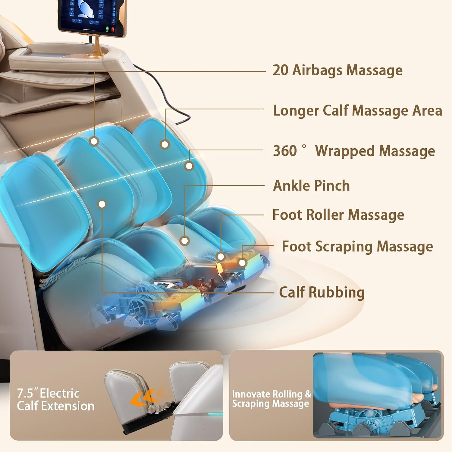 HealthRelife 4D Massage Chair Full Body Zero Gravity Recliner - 55' SL-Track,20 Auto Modes,11 Massage Technique,40 Airbags Massage,with Yoga Stretch,APP Control,Negative Oxygen lons（Beige）