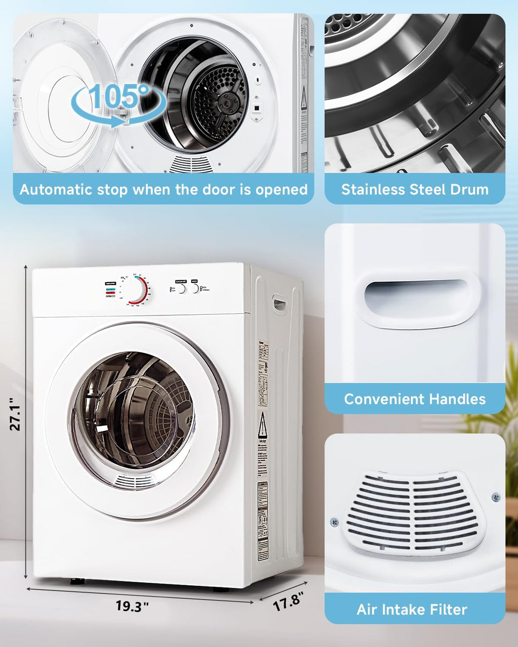 Feelfunn 1.8 Cu.Ft Compact Dryer - 1020W Portable Clothes Dryer with Stainless Steel Tub, Front Load Tumble, Four Functions - Compact Drying Unit for Laundry, Apartments, Dorms