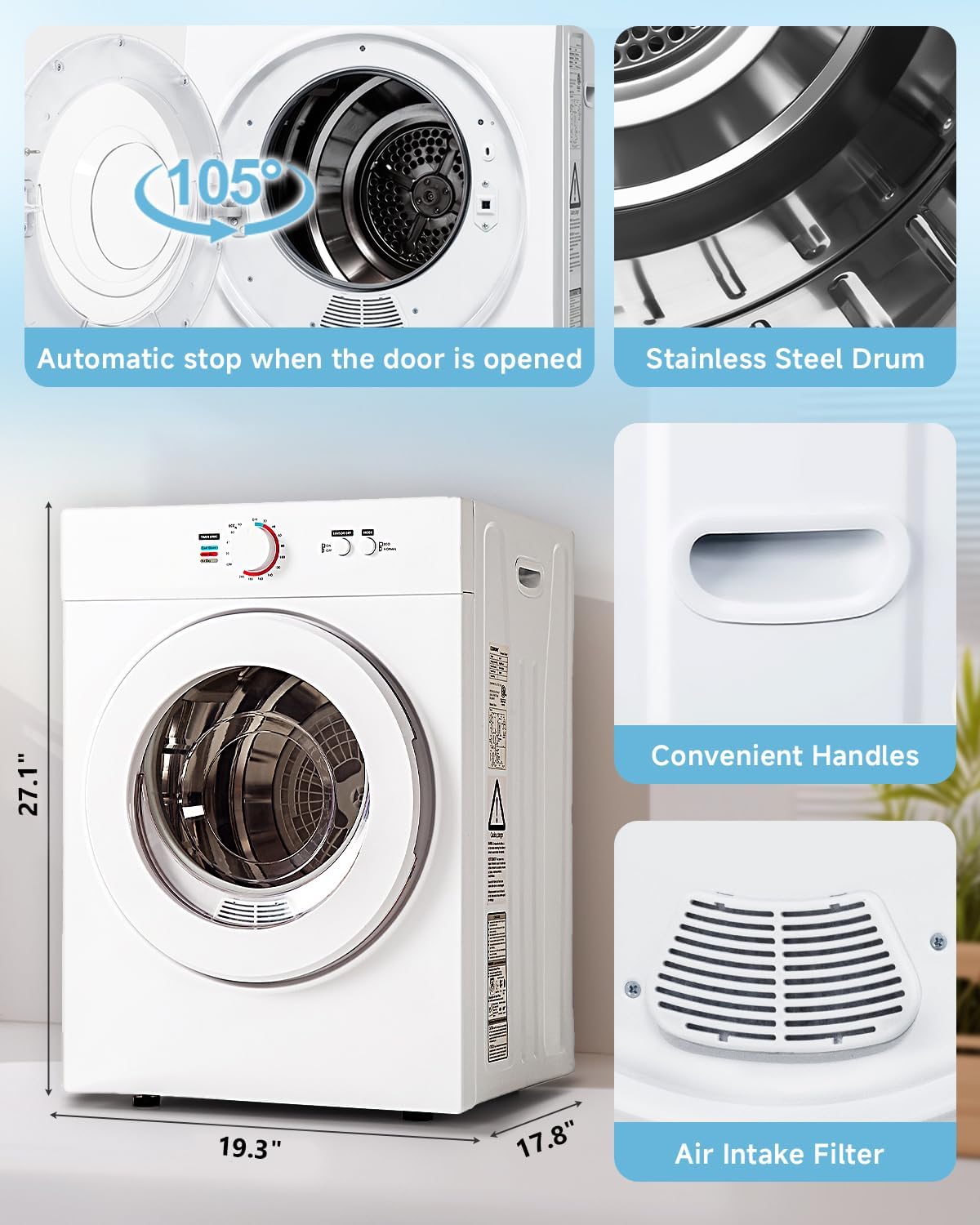 Feelfunn 1.8 Cu.Ft Compact Dryer - 1020W Portable Clothes Dryer with Stainless Steel Tub, Front Load Tumble, Four Functions - Compact Drying Unit for Laundry, Apartments, Dorms