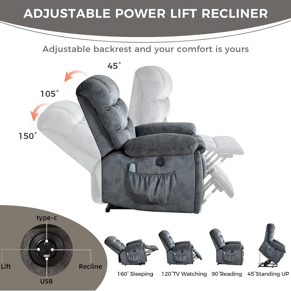 IOMOR Power Lift Recliner Chair for Elderly with Massage and Lumbar Heating, Overstuffed Electric Lift Chair with 2 Side Pockets and Cup Holders, USB & Type-C for Living Room, Textile Green Gray