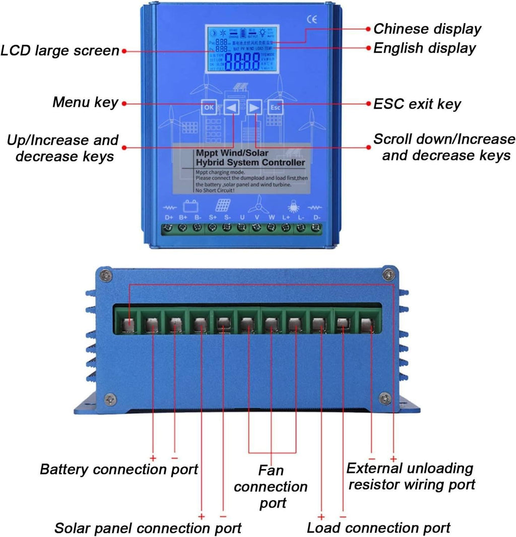 10000W Renewable Energy Controller Universal for Off Grid Wind Solar Hybrid Systems Hybrid Charge Controller, 12V 24V 48V with Dump Load Wind Turbine Generator Solar Panel Auto Regulator,6000W-48V