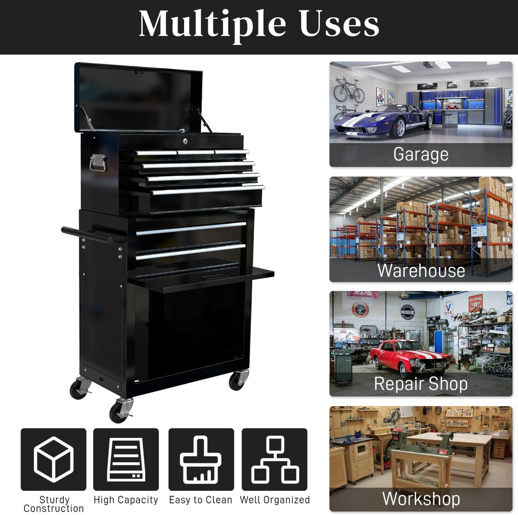 High Capacity Rolling Tool Chest with 8-Drawer Tool Box on Wheels Multifunctional Tool Cart Mechanic Tool Storage Cabinet for Garage, Warehouse, Workshop, Repair Shop (Black)
