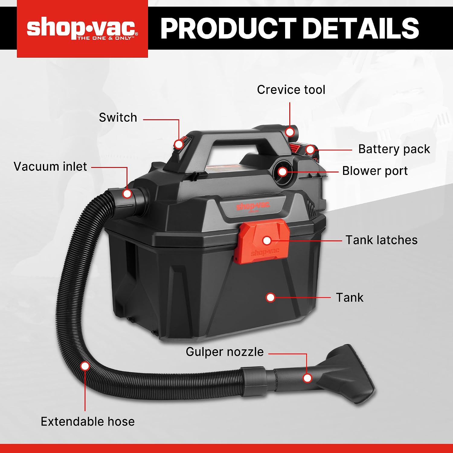 Shop-Vac 5430023 20V Cordless Wet/Dry Vacuum, 2 Gallon, 1.5 Inch Diameter x 5 Foot Hose, Portable Design for Quick Cleanups in Home and Garage