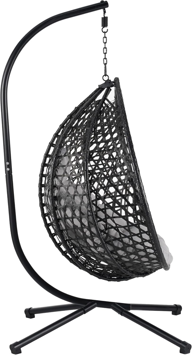 Egg Hanging Chair with Stand, Indoor Outdoor Hammock Egg Chair with Cushion for Patio Bedroom Balconyg Egg Chair (Black+ Gray)