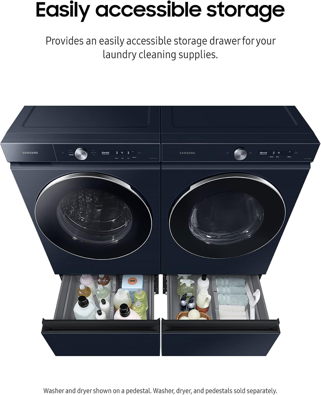SAMSUNG 27-Inch Bespoke Front Load Washer Dryer Pedestal Stand w/ Pull Out Laundry Storage Drawer, WE502ND, Brushed Navy