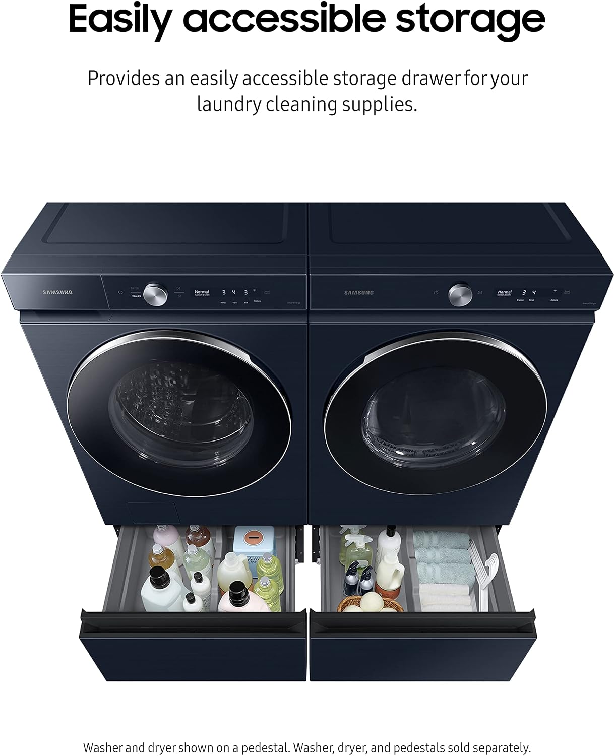 SAMSUNG 27-Inch Bespoke Front Load Washer Dryer Pedestal Stand w/ Pull Out Laundry Storage Drawer, WE502ND, Brushed Navy