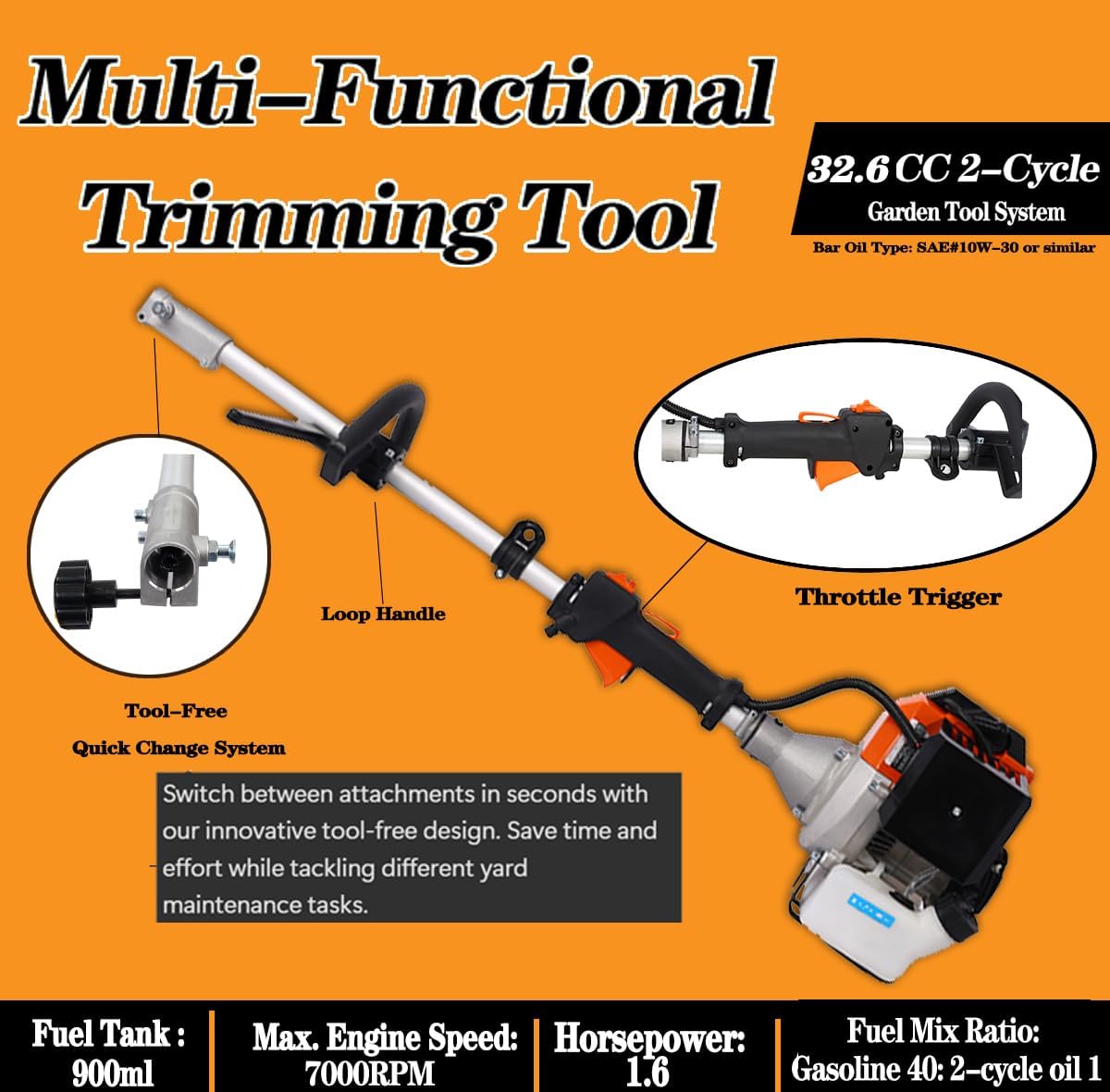 32.6cc 2-Cycle Gas Multi-Trimmer | 12-in-1 String Trimmer w/Rotatable 40' Pole Saw, Weed Eater Weed Wacker, Brush Cutter & Hedge Trimmer Gas for Lawn, Yard, Garden Care, All-in-one Garden Tool