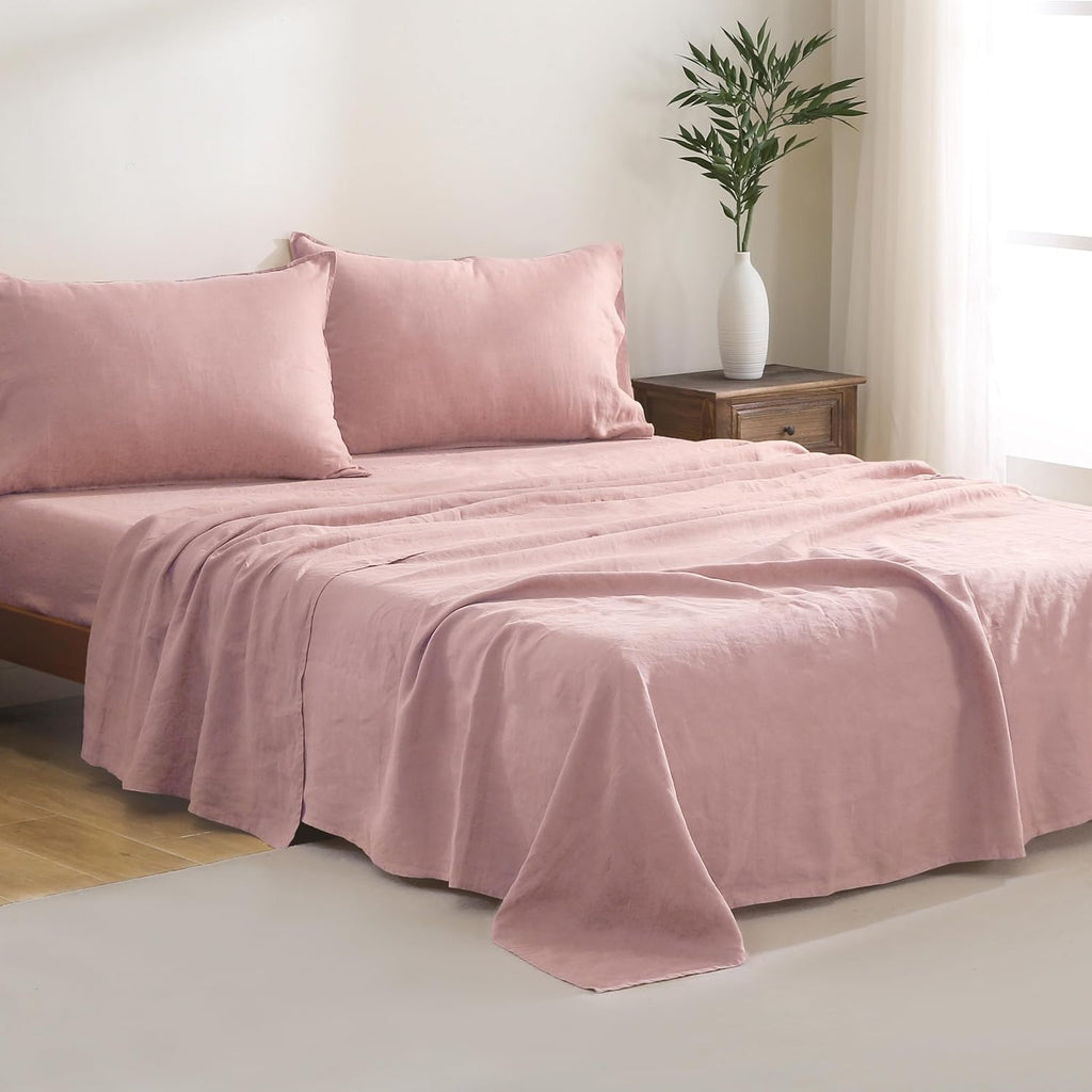 100% French Linen Sheets Set Queen Size-4Pcs Natural Washed Flax Bed Sheets Soft Breathable and Durable- 1 Flat Sheet 1 Fitted Sheet 2 Pillowcases (Pink, Queen)