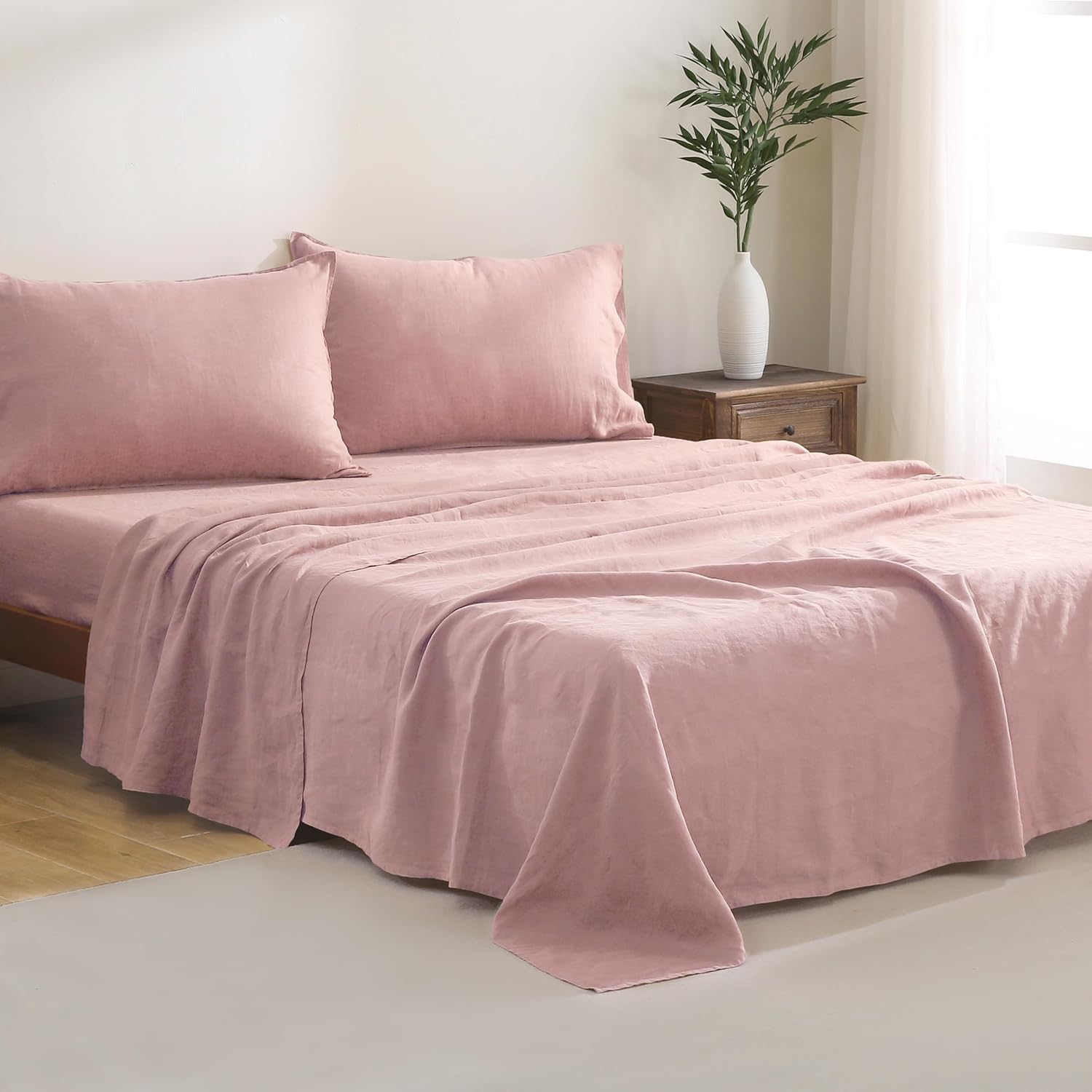 100% French Linen Sheets Set King Size-4Pcs Natural Washed Flax Bed Sheets Soft Breathable and Durable- 1 Flat Sheet 1 Fitted Sheet 2 Pillowcases (Pink, King)