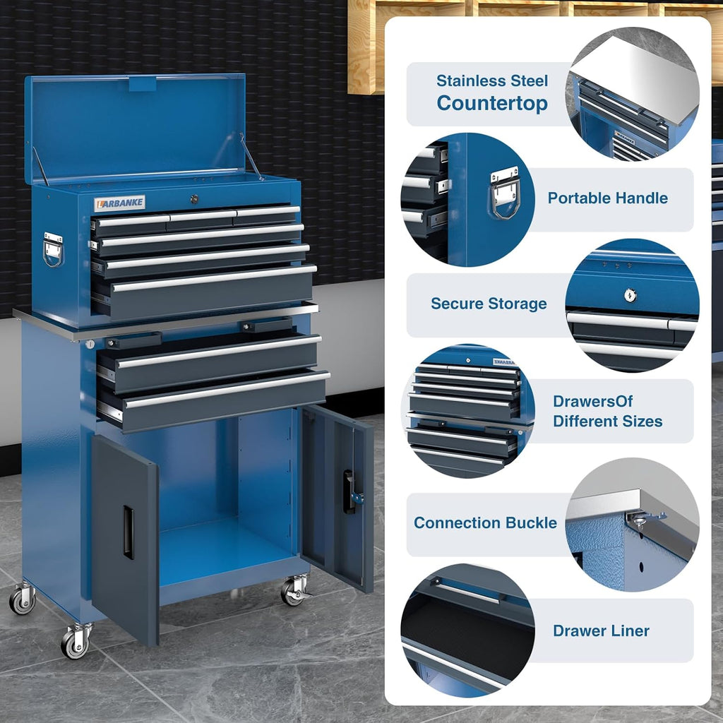 Rolling Tool Chest with Connection Buckle,7-Drawer Tool Chest and 8-Drawer Tool Box with Metal Stainless Tabletop,Locking System Storage Tool Cabinet with 360° Brake Swivel Wheels and Foot Pad