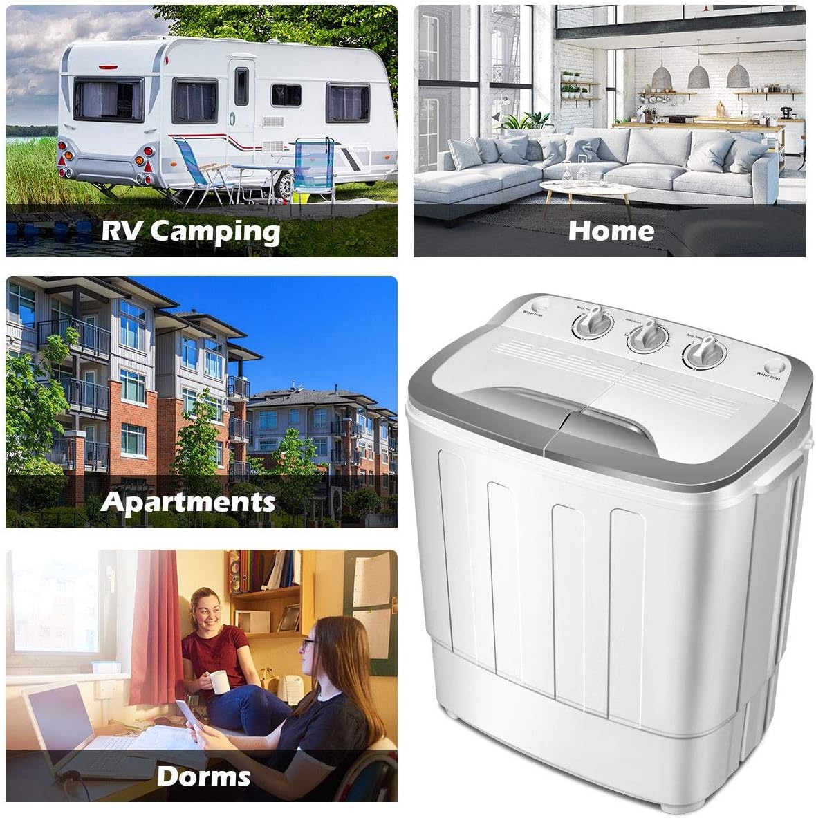 Clothes Washing Machines,SAFEPLUS Compact Mini Twin Tub Versatile Washer Machine with 8 lbs Washing &5 lbs Spin Dryer Load Capacity Gravity Drain Pump and Drain Hose for Apartment