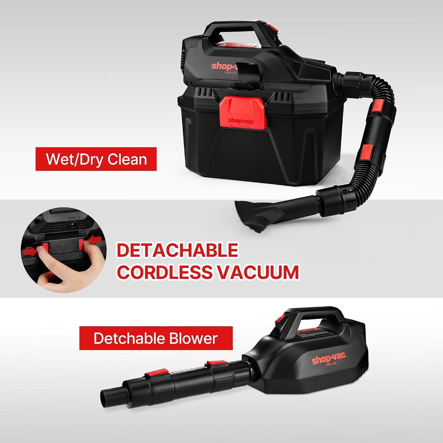 Shop-Vac 2 Gallon 20V Cordless Wet/Dry Vacuum with Detachable Blower, Portable 3-in-1 Vac with Blower Function, Integrated Battery and Charger Included, Ideal for Workshop, Car & Jobsite, 5430082
