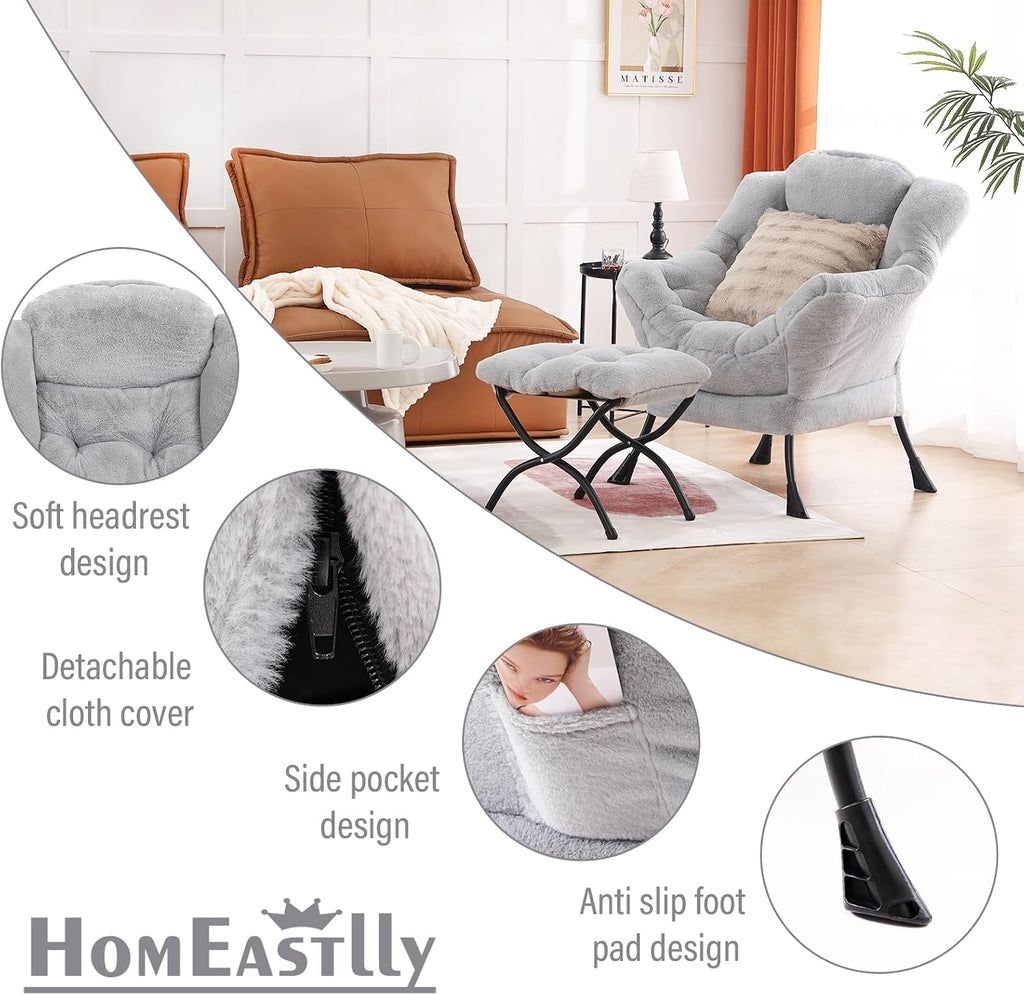 Lazy Chair with Ottoman, Large Light Grey Accent Chair with Ottoman and FA Throw Pillow, Comfy Plush Reading Chair for Living Room Bedroom Dorm Room Office Apartment Relaxing Use