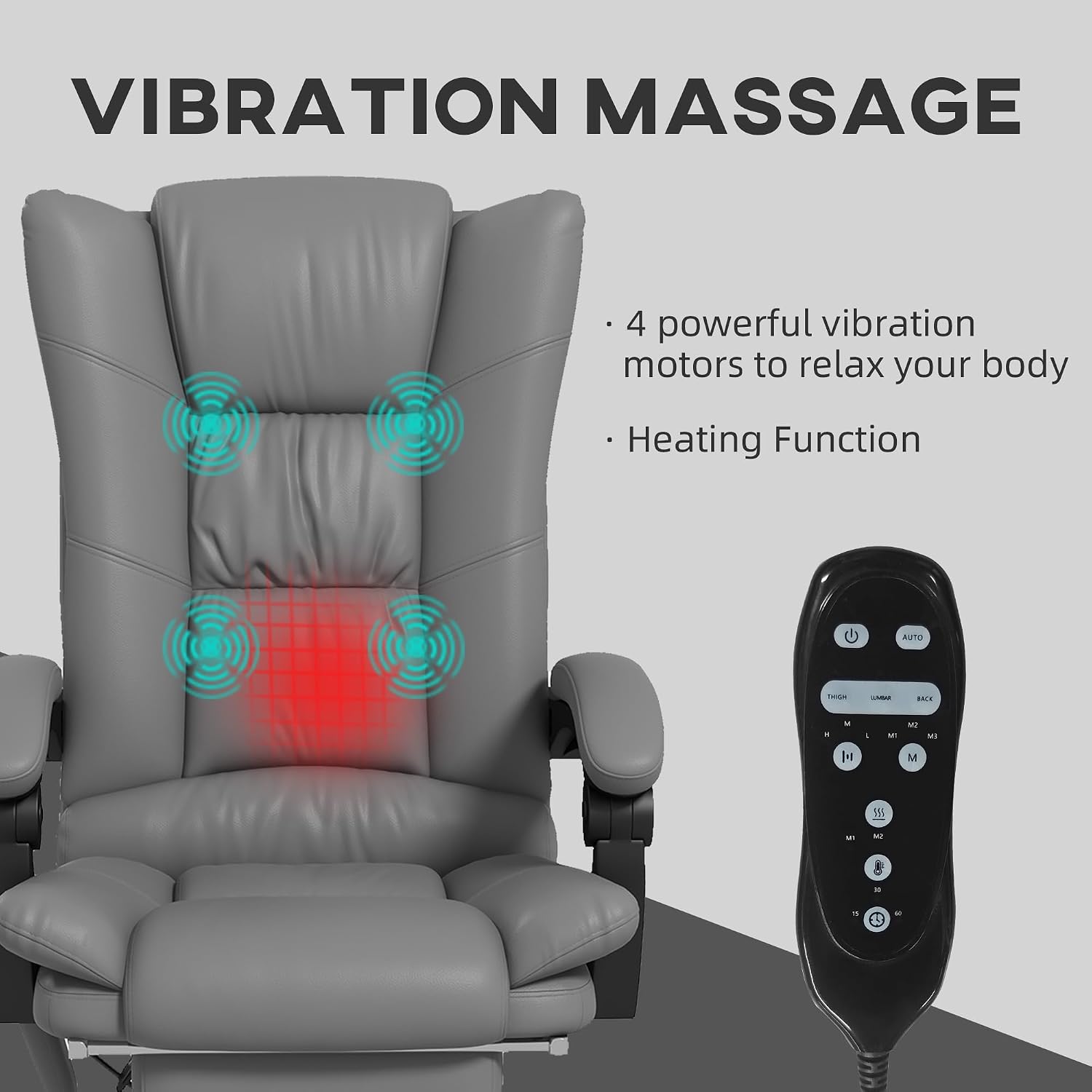 Vinsetto Executive Massage Office Chair with 4 Vibration and Heat, 3 Modes, PU Leather Swivel Chair with Adjustable Height, Reclining Back, and Footrest, Gray