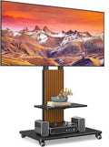 TVON Heavy Duty Rolling TV Stand for 55-90 inch Large TVs up to 150 lbs, Mobile TV Cart with Height Adjustable Mount and Large Storage Shelf, Tall TV Stand with Wooden Base, Black and Walnut