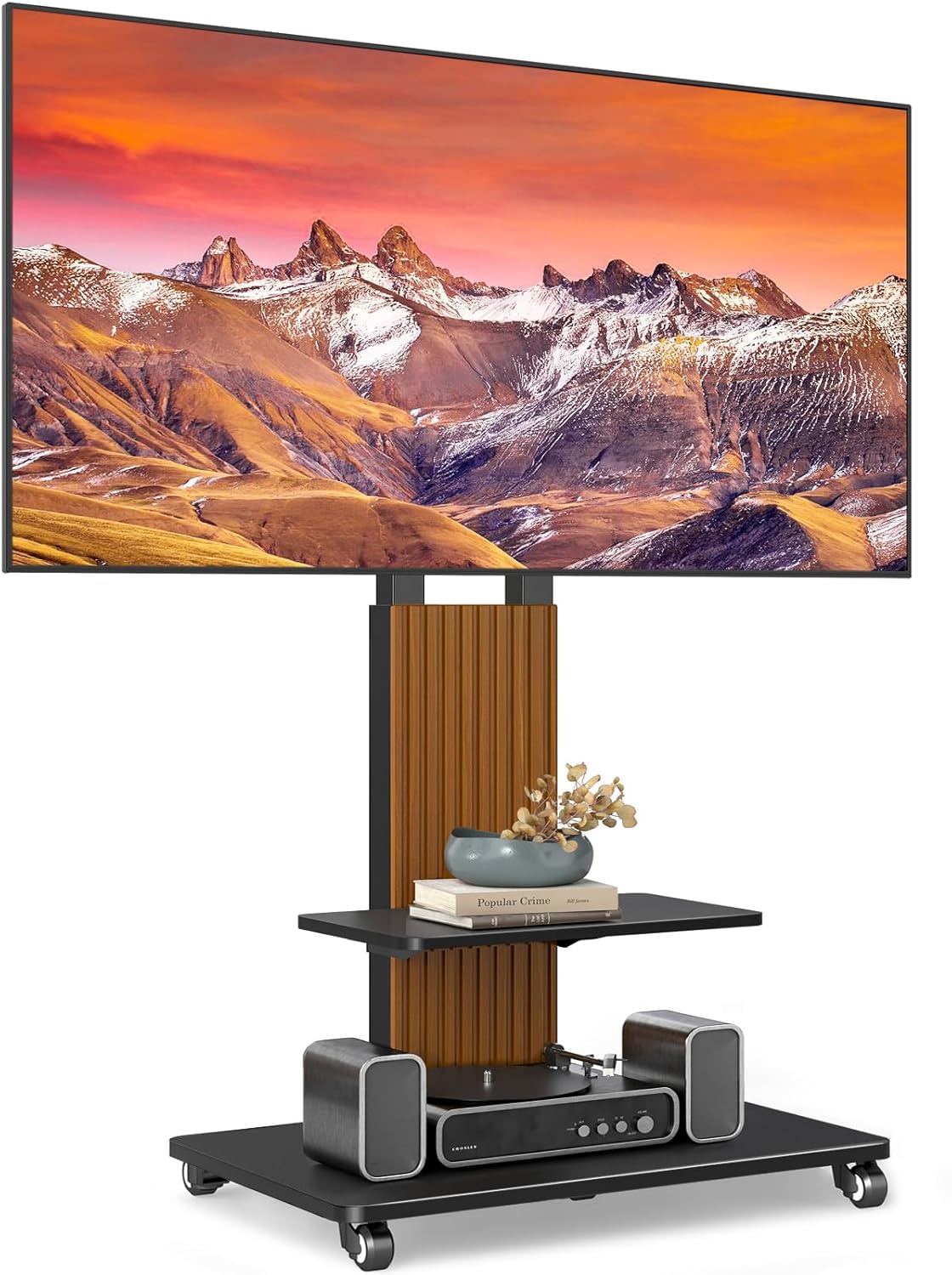 TVON Heavy Duty Rolling TV Stand for 55-90 inch Large TVs up to 150 lbs, Mobile TV Cart with Height Adjustable Mount and Large Storage Shelf, Tall TV Stand with Wooden Base, Black and Walnut