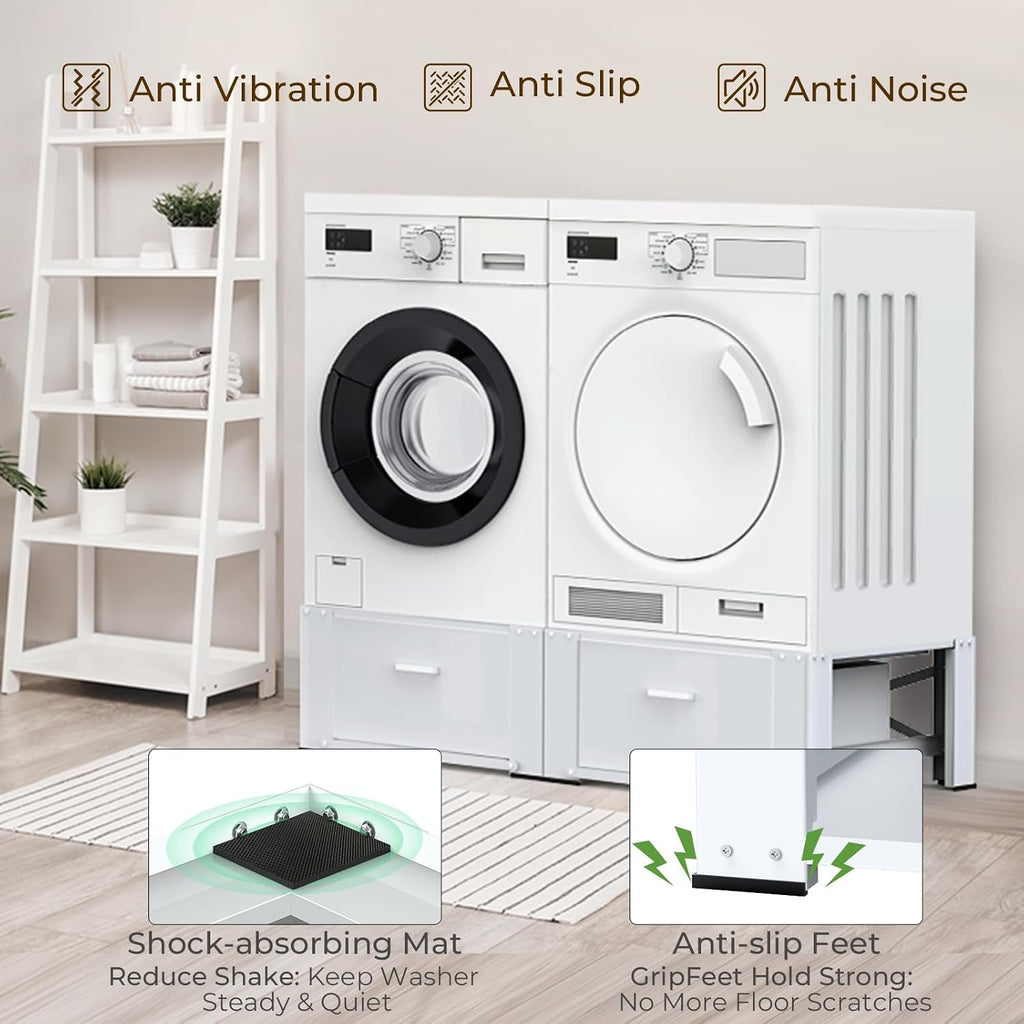 SKM Washer and Dryer Pedestal with Drawer, Laundry Pedestal for Washer and Dryer Stand, Heavy Duty Steel Washing Machine Stand Height Raiser (2, white, 28' W x 29' D x 14' H)