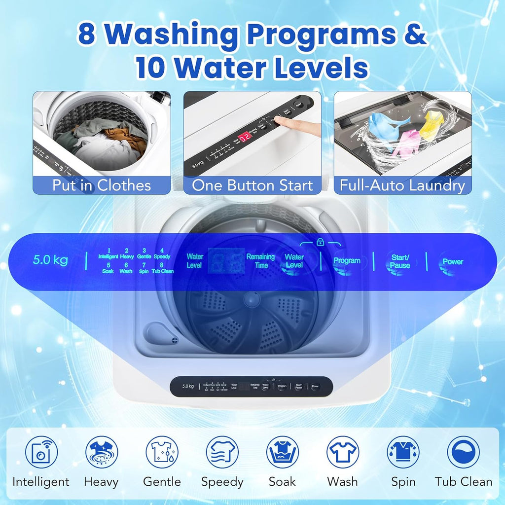 COSTWAY Portable Washing Machine, 11 LBS Full Automatic Portable Washer with 8 Modes, 10 Water Levels, LED Display & Built-In Drain Pump, 1.5 Cu.Ft. Washer & Spinner Combo for Apartment RV (White)