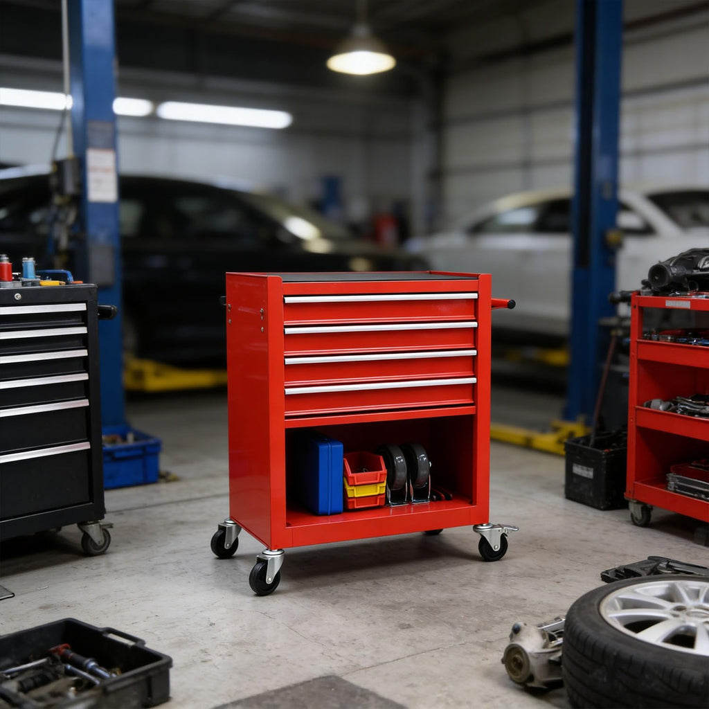 4-Drawer Tool Cart on Wheels, Drawers Rolling Tool Chest with 1 Cabinet, Mobile Trolley Organizer Tools Box with Locking Wheels & Ball Bearing Drawers for Garage,Warehouse,Repair Shop (Red)