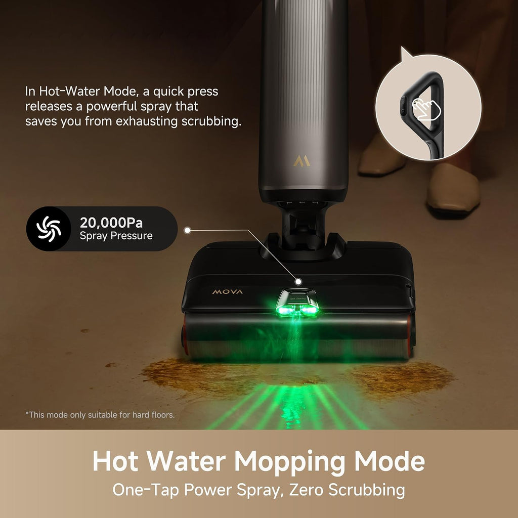 Mova X4 Pro Wet Dry Vacuum Cleaner, 20000Pa Cordless Vacuum Mop with Zero Tangle, Hot Water Mopping for Sticky Messes,194℉ Hot Air Self Drying, 180° Lie Flat, Push-in Charging Station, LED Display