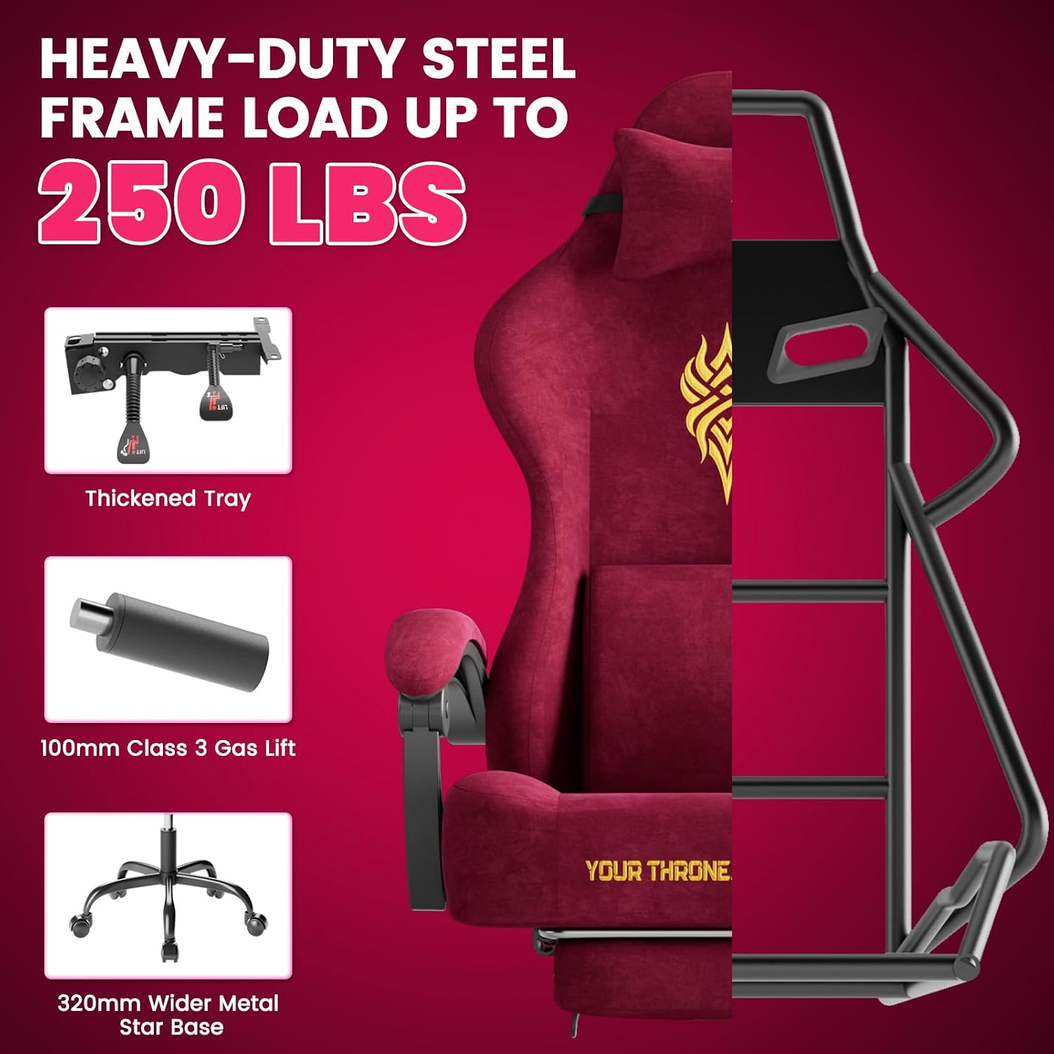 Ferghana Velvet Ergonomic Gaming Chair – High Back Design with Fire Embroidery, 20.5″ Wide Seat Cushion, Massage Lumbar Support & Footrest, Adult Computer Chair, Red