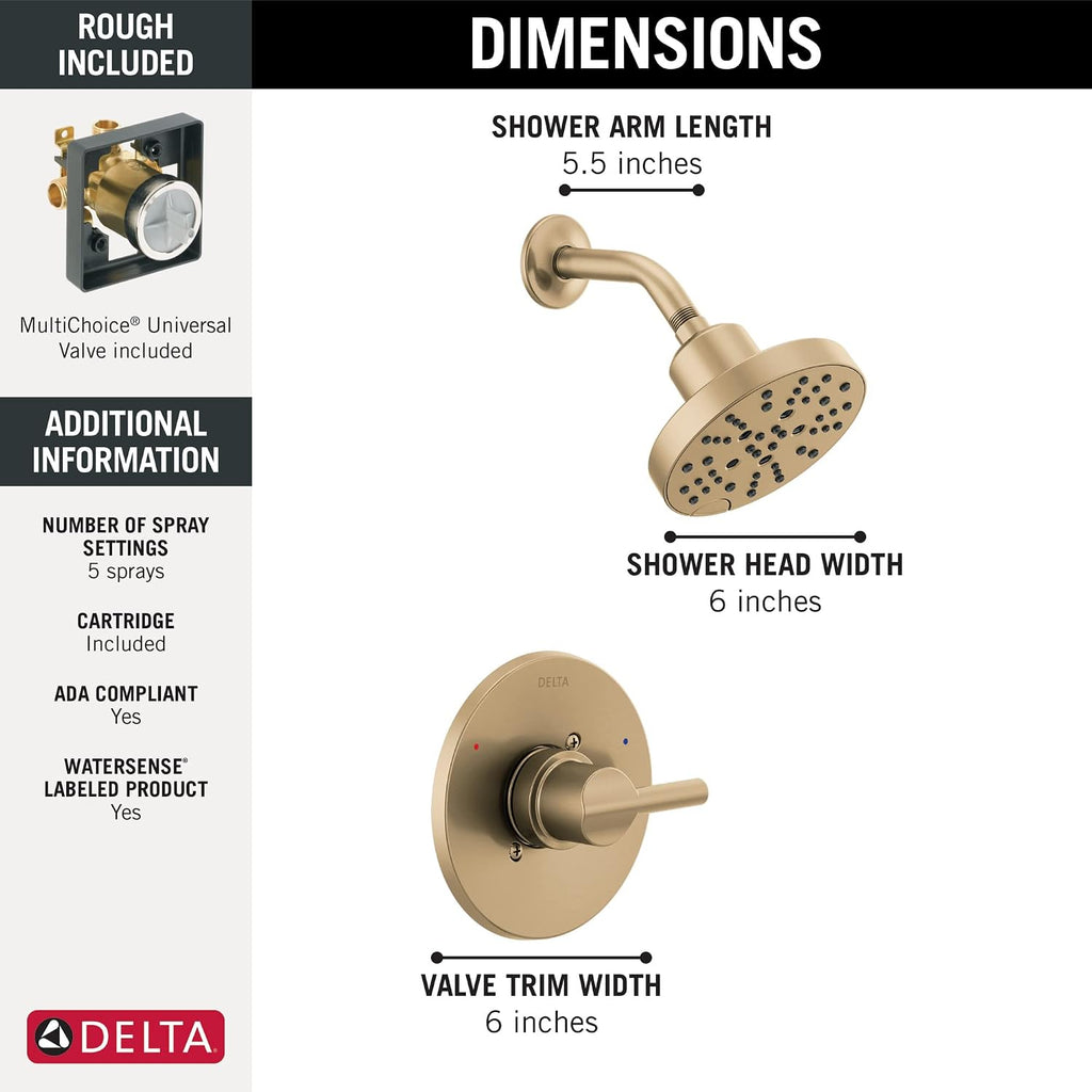 Delta Nicoli 14 Series H2Okinetic Shower Faucet Set, Brushed Gold Shower Head and Handle Set, Valve Trim Kit, Champagne Bronze 142749-CZ (Shower Valve Included)