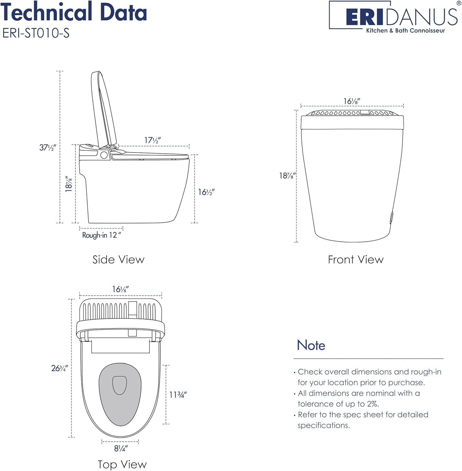 Smart Toilet, Eridanus One Piece Bidet Toilet for Bathrooms, Foot-Sensor, Off-Seat Auto Flush, Adjustable Warm Water Sprayer, Air Dryer, Elongated Heated Seat, Power-Assisted Flush