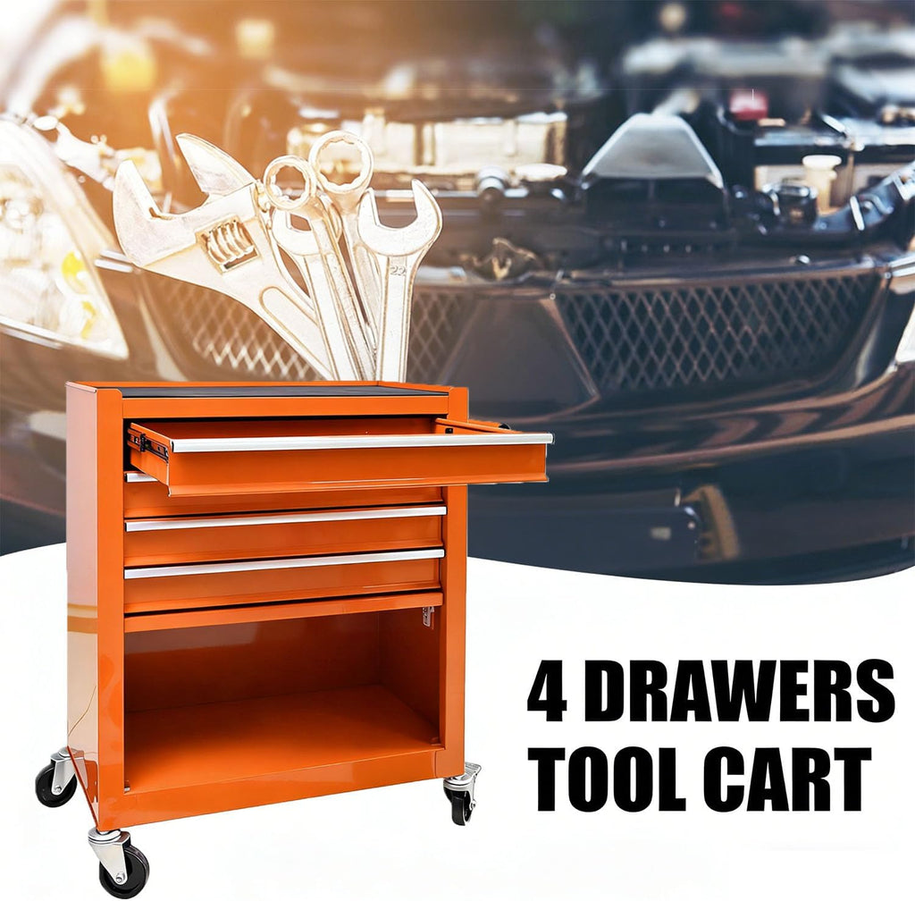 4-Drawer Tool Cart on Wheels, Drawers Rolling Tool Chest with 1 Cabinet, Mobile Trolley Organizer Tools Box with Locking Wheels & Ball Bearing Drawers for Garage,Warehouse,Repair Shop (Orange)