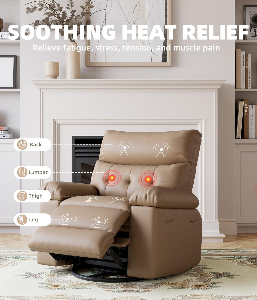 GarveeHome Recliner Chair, 360° Swivel Rocker Recliners with Heat & Massage, Soft Lazy Boy Recliner Chair with 2 Cup Holders and Side Pocket for Living Room Bedrooms and Nurseries (Modern, Tan)