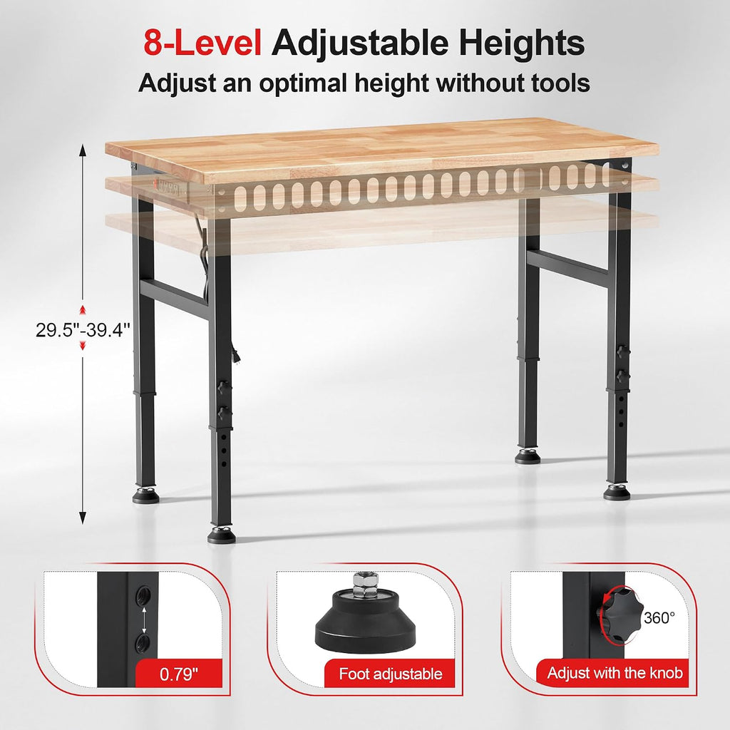 48'' Adjustable Workbench, 2000 LBS Load Capacity Heavy Duty Workstation with Power Outlets, Rubber Wood Top Worktable for Garage, Office,Workshop, Commercial