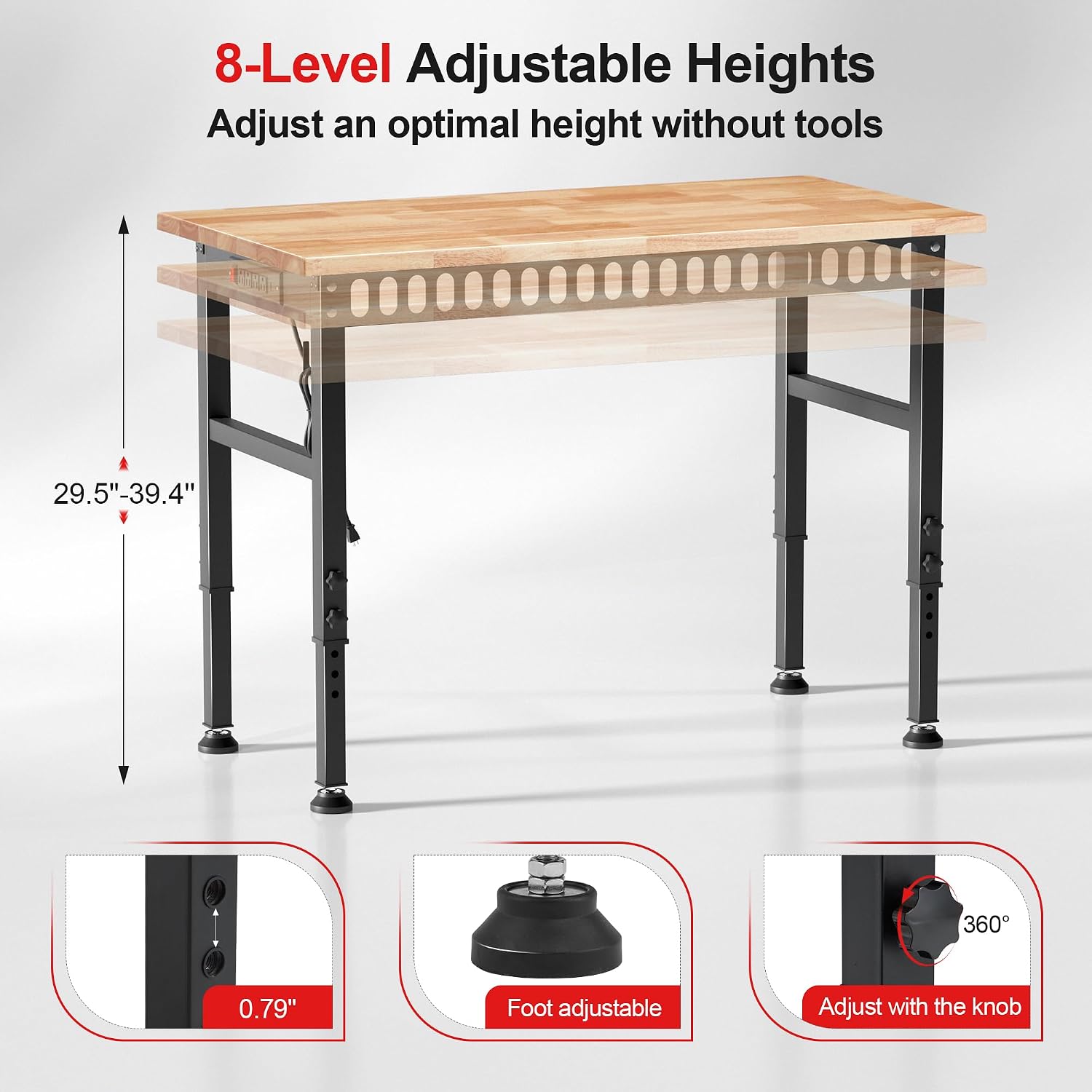 48'' Adjustable Workbench, 2000 LBS Load Capacity Heavy Duty Workstation with Power Outlets, Rubber Wood Top Worktable for Garage, Office,Workshop, Commercial