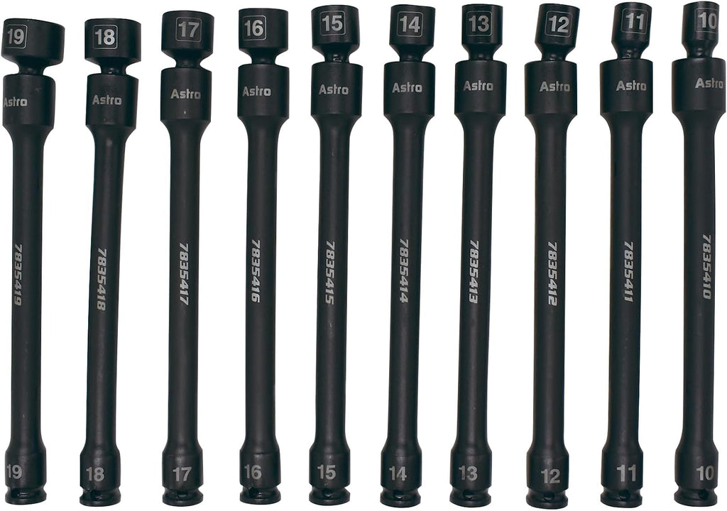 Astro Tools 78354 10-Piece 3/8' Drive 6 Point Pinless Universal Torque-Saver Impact Extension Socket Set - Metric